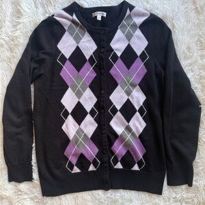 Croft & Barrow Argyle Cardigan Black Purple Gray Button Front Sweater